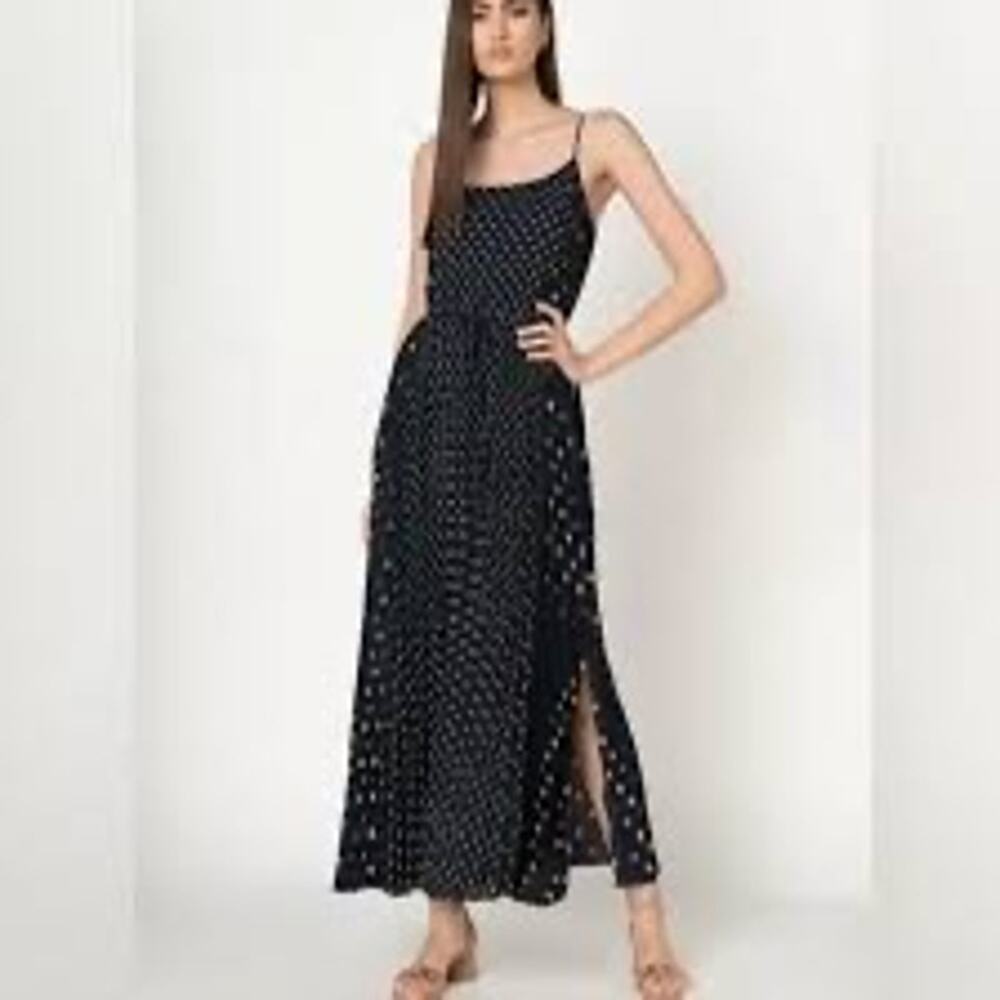 Banana Republic Size 14 Navy & Beige Polka Dot Pleated Maxi Dress Twee Flirty